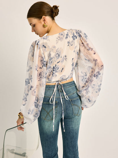 Semi-Sheer Chiffon Floral V-Neck Balloon Sleeve Blouse