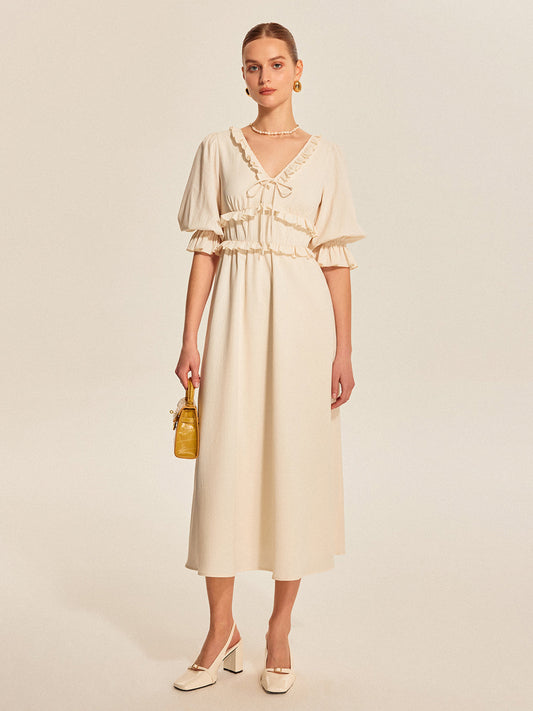 Ruffle Trim Drawstring Dress