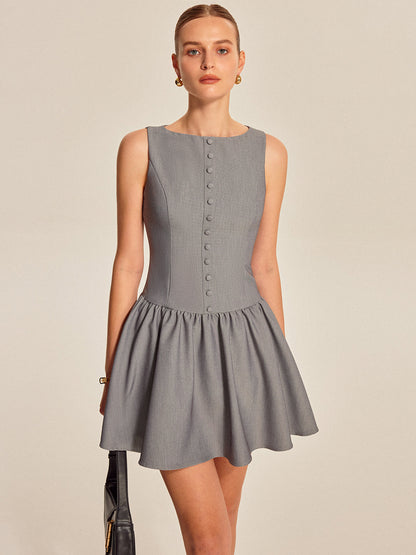 Button Front Pleated Sleeveless Dress