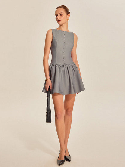 Button Front Pleated Sleeveless Dress