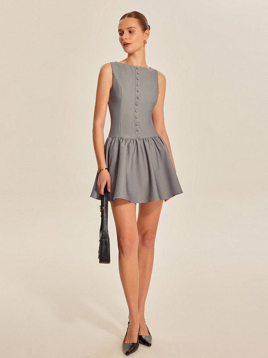 Button Front Pleated Sleeveless Dress