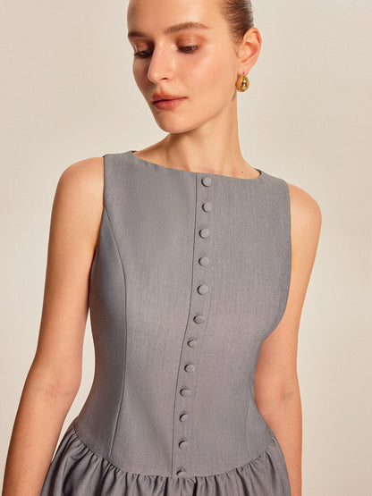 Button Front Pleated Sleeveless Dress