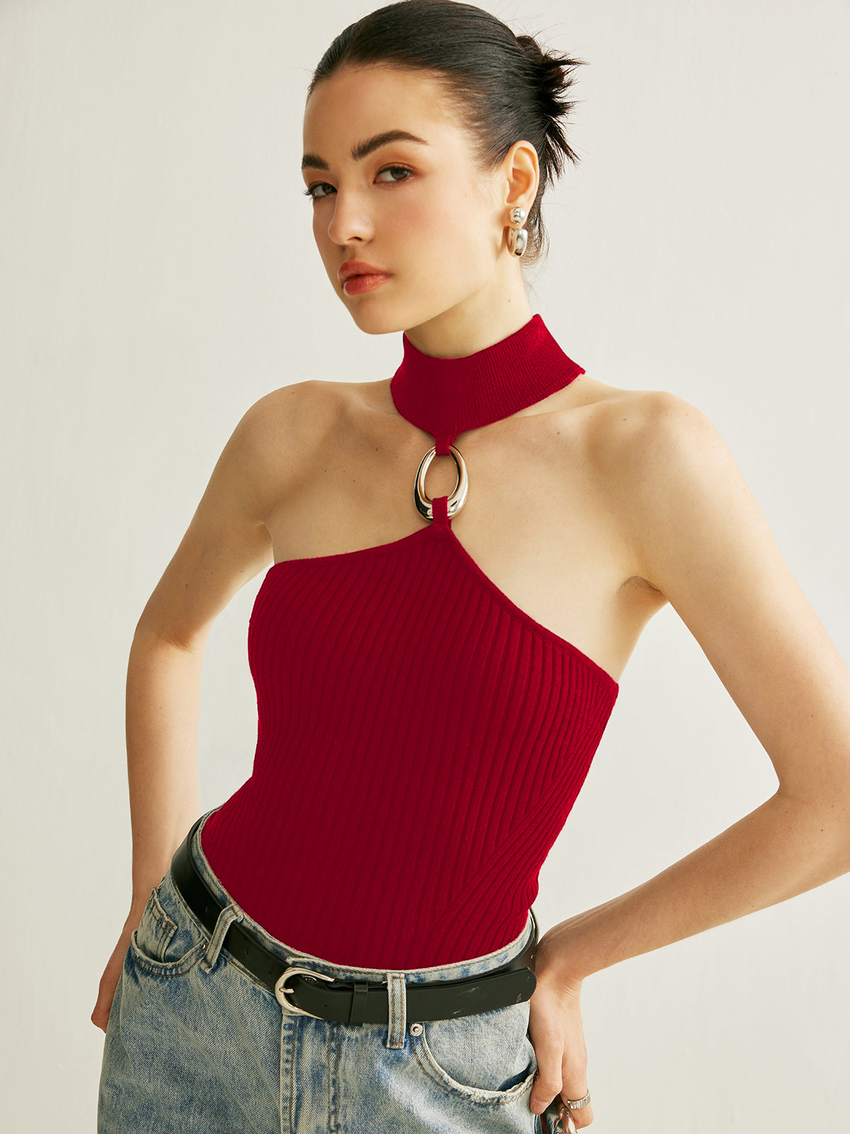 Ring Detail Ribbed Halter Top