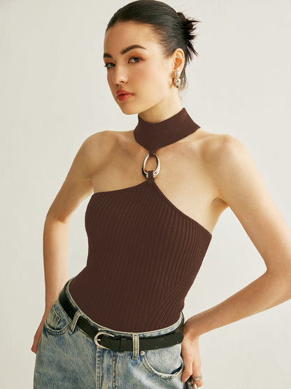 Ring Detail Ribbed Halter Top