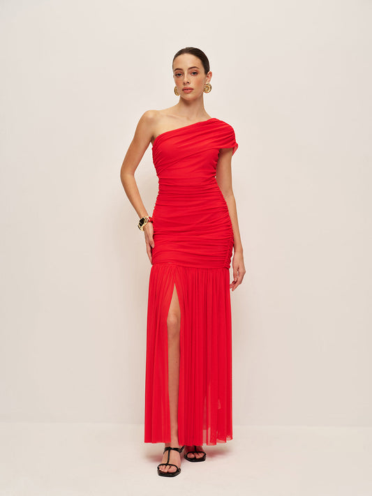 Ruched One-Shoulder Split Dress