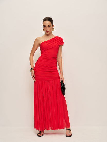 Ruched One-Shoulder Split Dress