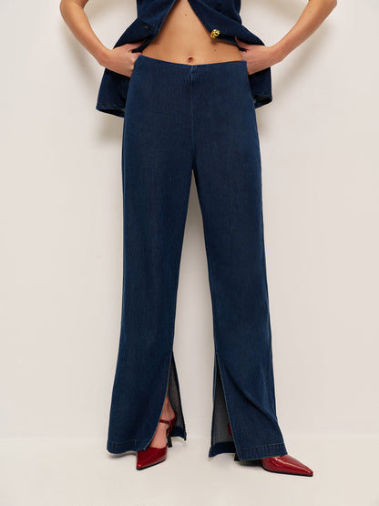 Front-Slit High-Waisted Denim Pants