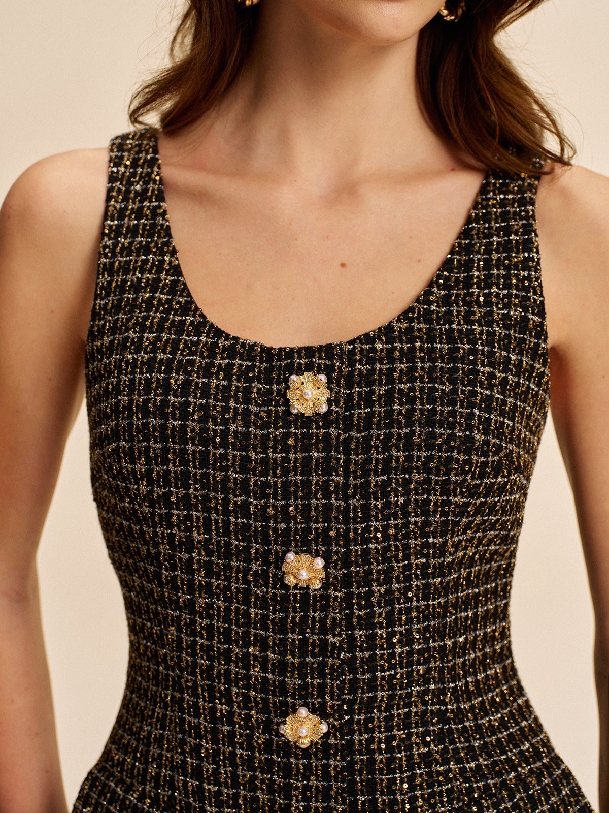 Tweed Buttoned Sleeveless Dress