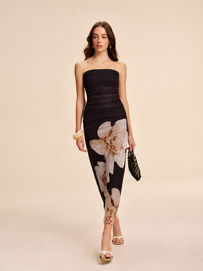 Semi-Sheer Strapless Ruched Floral Mesh Dress