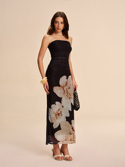 Semi-Sheer Strapless Ruched Floral Mesh Dress
