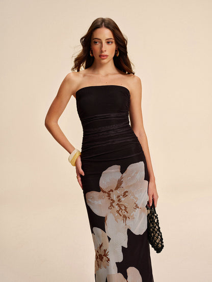 Semi-Sheer Strapless Ruched Floral Mesh Dress