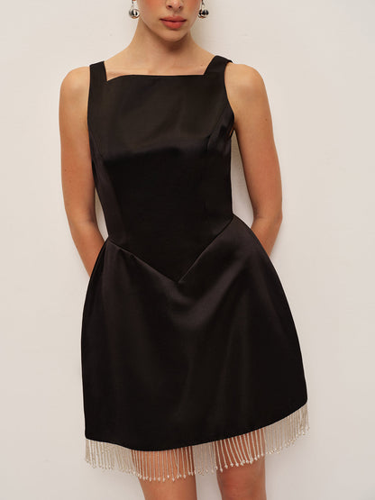 Beaded Fringe Satin V-Back Dress