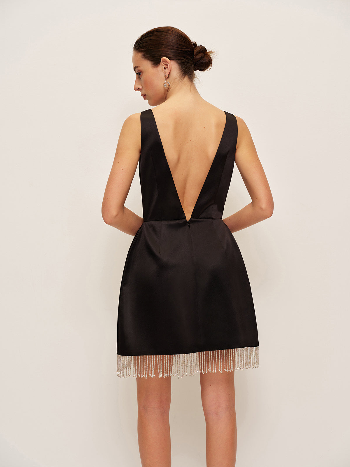 Beaded Fringe Satin V-Back Dress