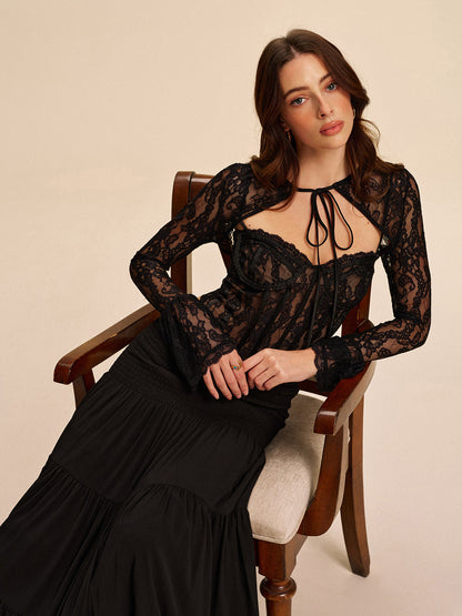 Semi-Sheer Sweetheart Neck Lace Tie Top