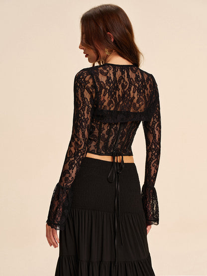 Semi-Sheer Sweetheart Neck Lace Tie Top