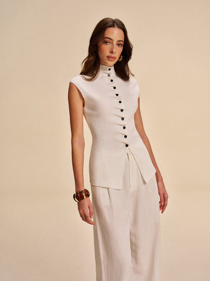 Button-Front Sleeveless Cardigan