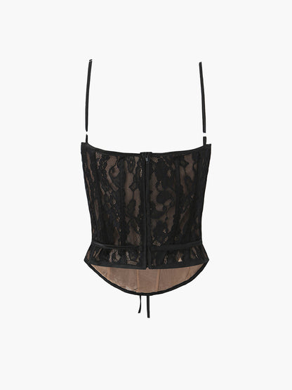 Semi-Sheer Sweetheart Neck Lace Tie Top