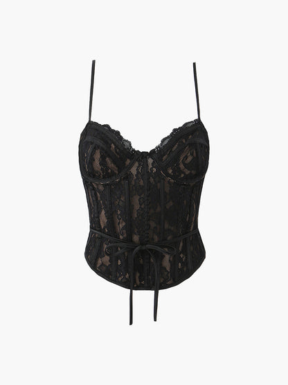 Semi-Sheer Sweetheart Neck Lace Tie Top