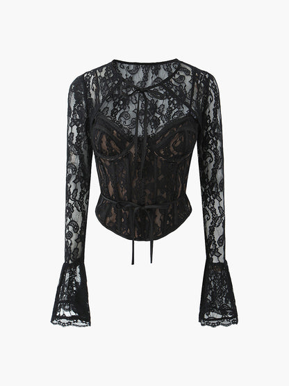 Semi-Sheer Sweetheart Neck Lace Tie Top