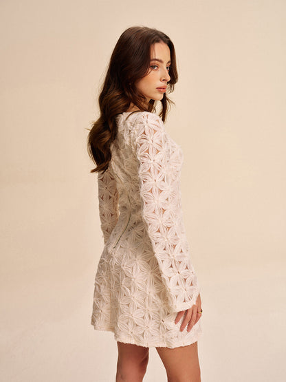 Semi-Sheer Floral Lace Long Sleeve Dress