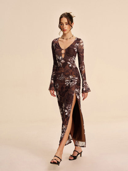 Semi-Sheer Mesh Floral Cutout Slit Dress