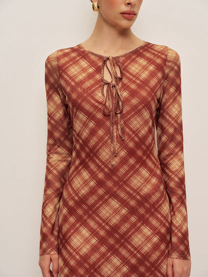 Plaid Tie-Front Long Sleeve Dress