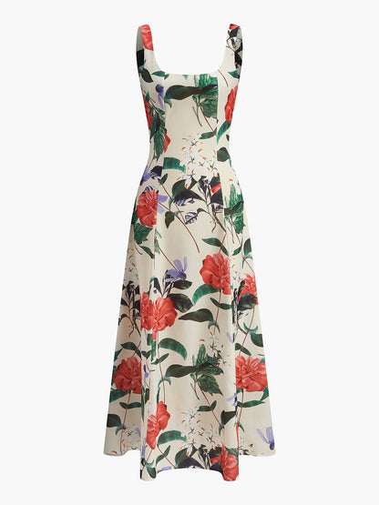 Square Neck Floral Print Zipper Dress