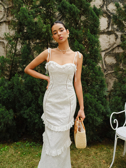 Lace-Up Tie Strap Ruffled Slit Dress