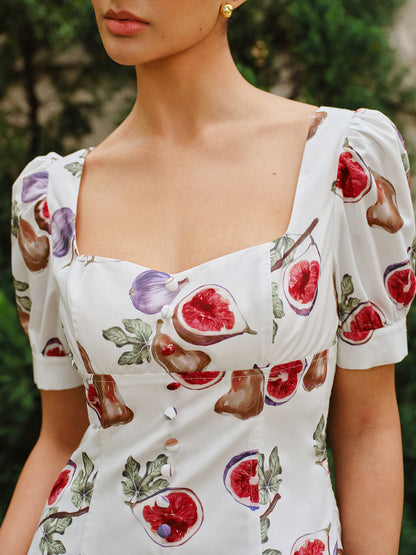 Fruit Print Button-Front Puff Sleeve Dress