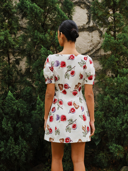 Fruit Print Button-Front Puff Sleeve Dress