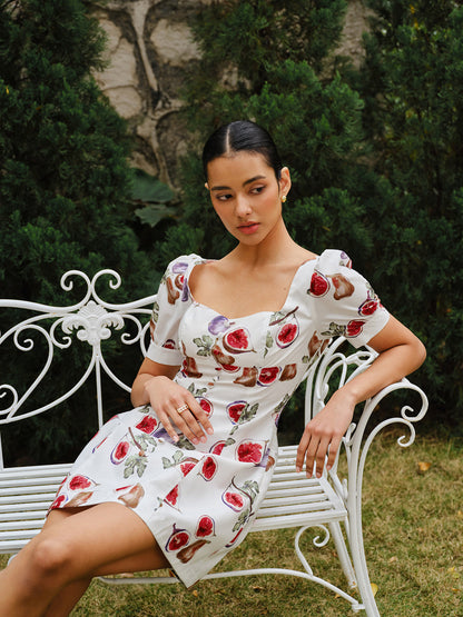 Fruit Print Button-Front Puff Sleeve Dress