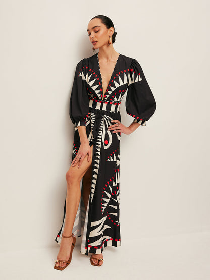 Boho Print V-Neck Split Dress