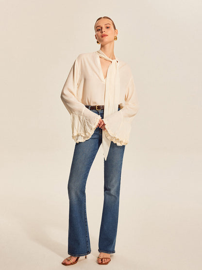 Semi-Sheer Bow Tie Pleated Cuff Chiffon Blouse