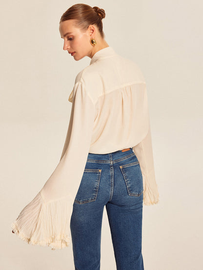 Semi-Sheer Bow Tie Pleated Cuff Chiffon Blouse