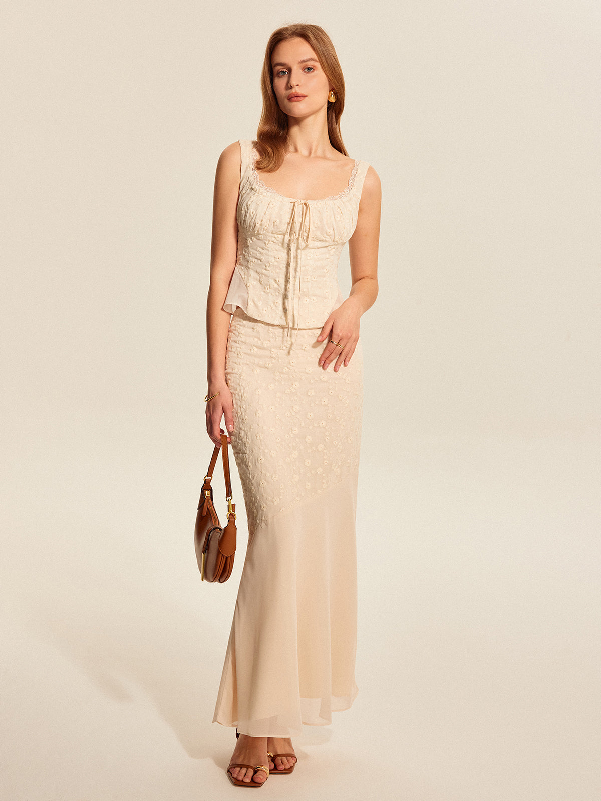 Semi-Sheer Floral Embroidered Panel Skirt