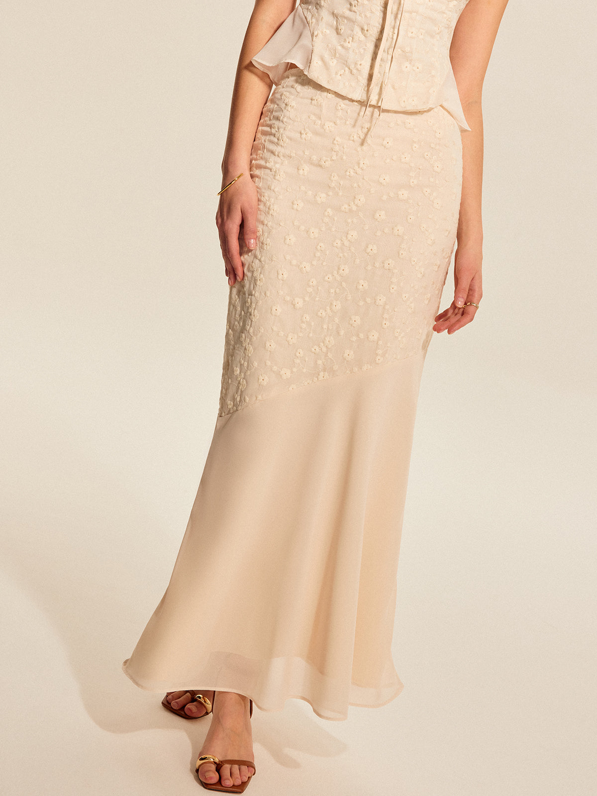 Semi-Sheer Floral Embroidered Panel Skirt