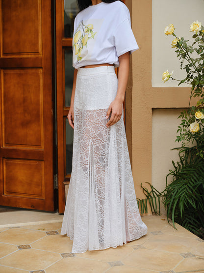 Mid-Waist Semi-Sheer Lace Skirt