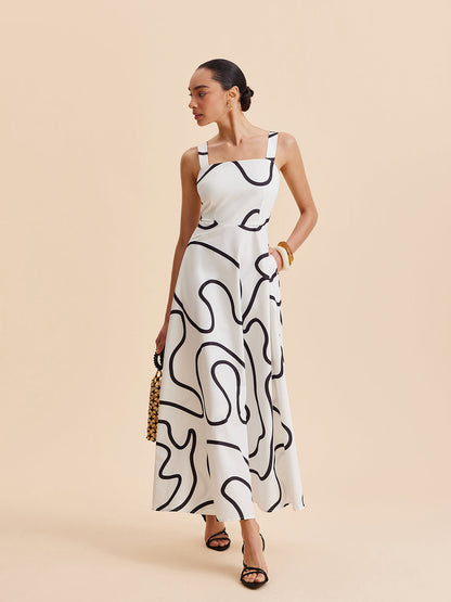 Abstract Line Print Square Strap Dress