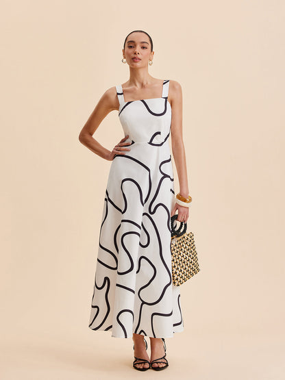 Abstract Line Print Square Strap Dress