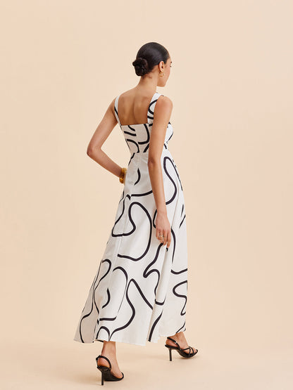Abstract Line Print Square Strap Dress