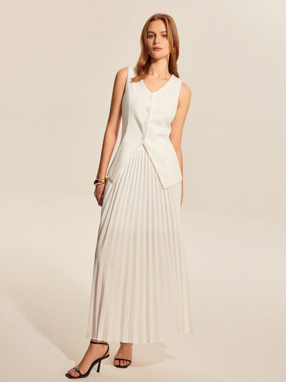 Buttoned Vest Pleated Skirt Set