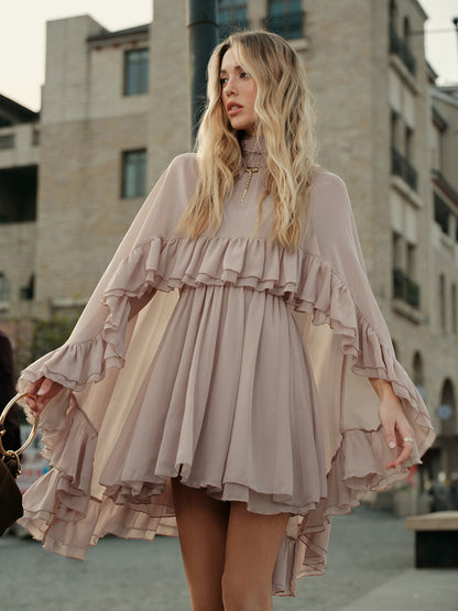 Semi-Sheer Chiffon Ruffle Dress With Outer Cape