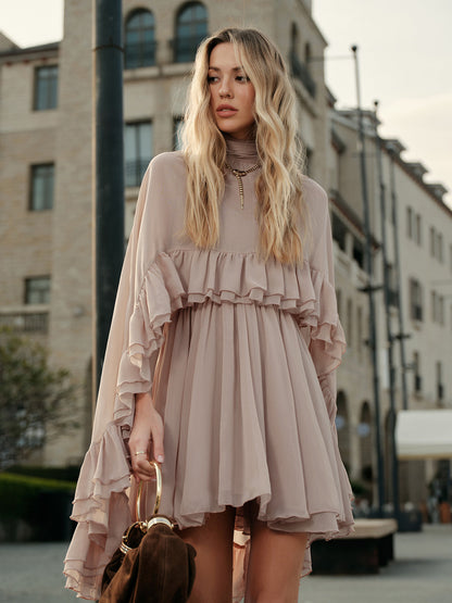 Semi-Sheer Chiffon Ruffle Dress With Outer Cape