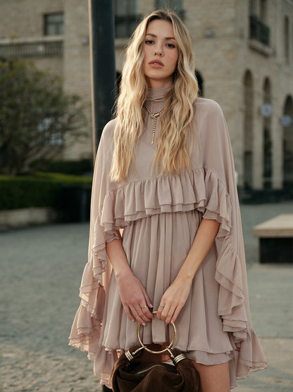 Semi-Sheer Chiffon Ruffle Dress With Outer Cape
