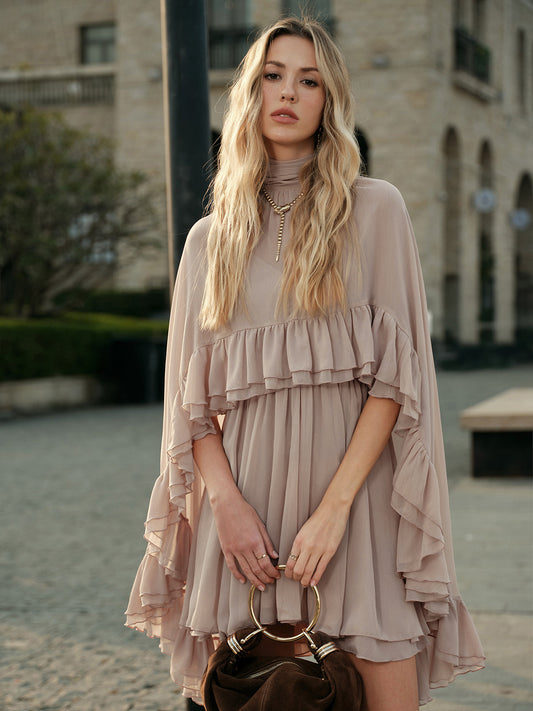Semi-Sheer Chiffon Ruffle Dress With Outer Cape