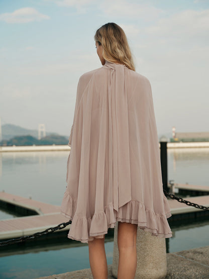 Semi-Sheer Chiffon Ruffle Dress With Outer Cape