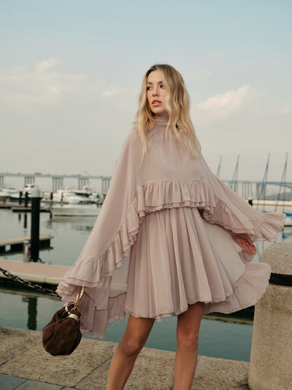 Semi-Sheer Chiffon Ruffle Dress With Outer Cape