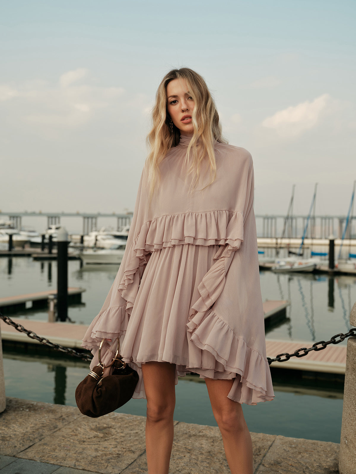 Semi-Sheer Chiffon Ruffle Dress With Outer Cape