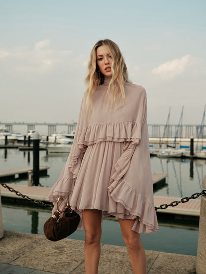 Semi-Sheer Chiffon Ruffle Dress With Outer Cape