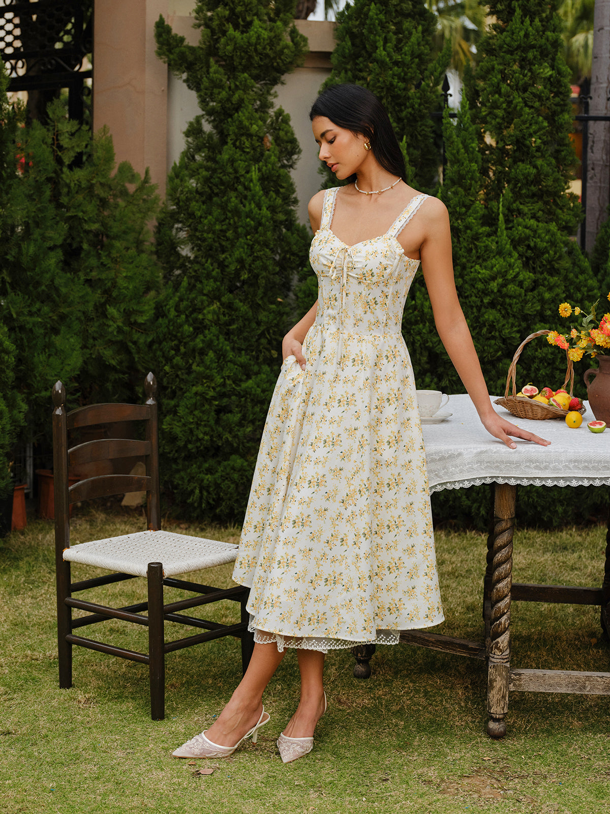 Floral Lace-Trim Tie-Front Dress